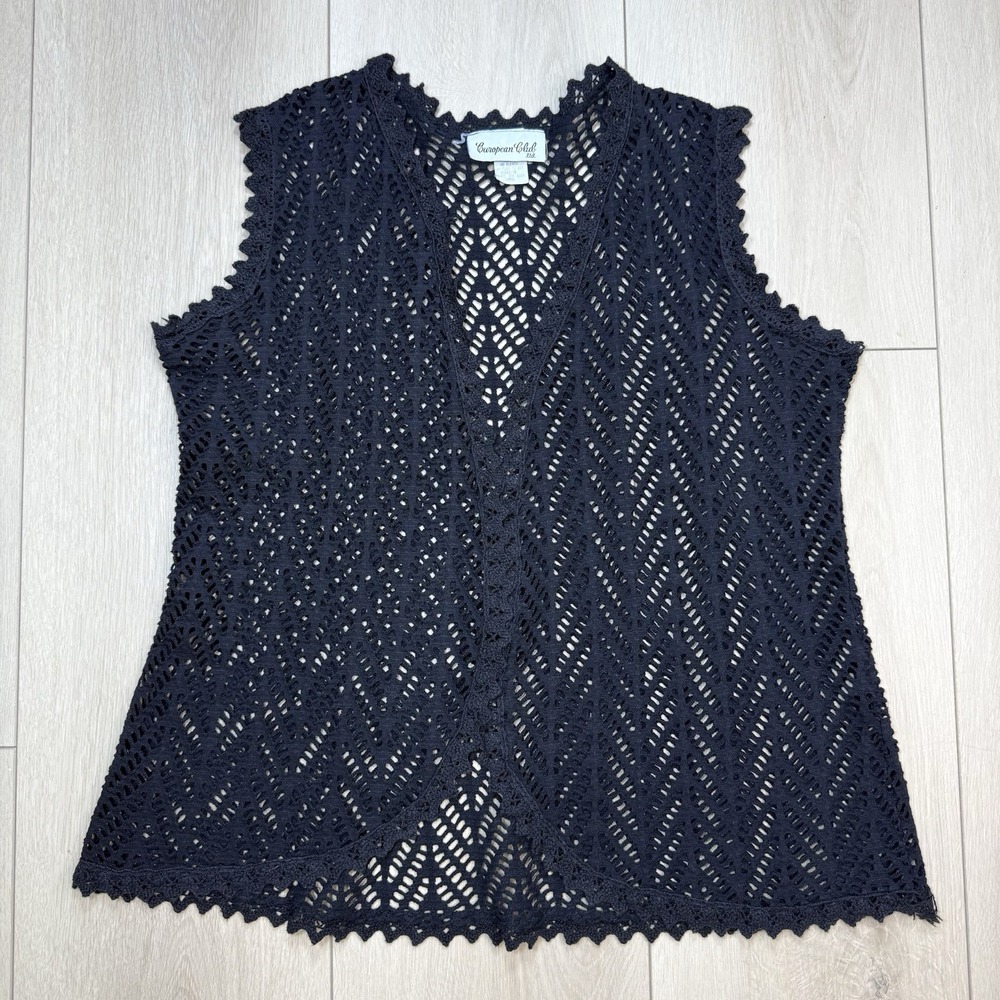 Vintage European Club Ltd Crochet Sweater Vest Womens Large Navy Cotton USA